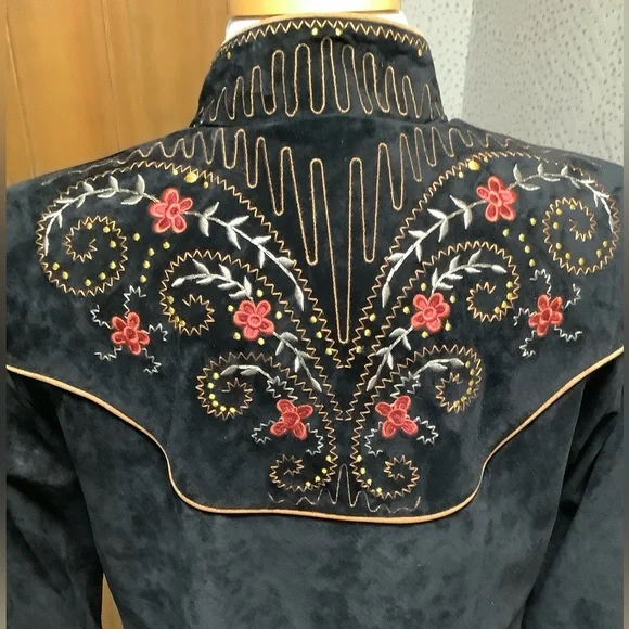 Scully Embroidered Black Genuine Leather Suede Cropped Western Jacket / Size 14 - Picture 3 of 7
